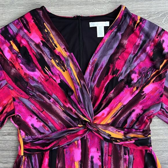 LONDON TIMES Twist Front Midi Dress Plus Size 14 Colorful Printed 80s Art Retro - Picture 4 of 10